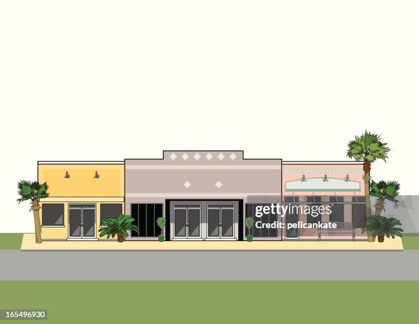 ilustraciones, imágenes clip art, dibujos animados e iconos de stock de centro comercial suburbano con palmeras - plaza