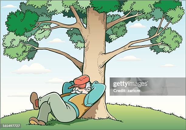 man and tree - man sleeping with cap stock illustrations