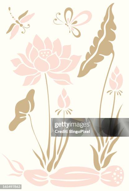stockillustraties, clipart, cartoons en iconen met butterfly, dragonfly & lotus flowers - lotus