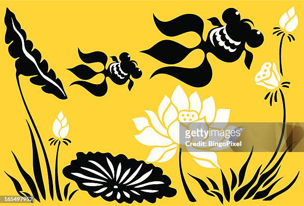 stockillustraties, clipart, cartoons en iconen met goldfish mom and kid with lotus flowers - chinese mothers day