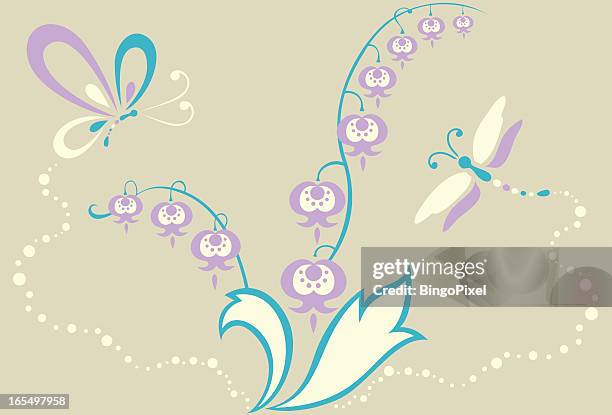 schmetterling, libelle und lily von valley blumen - maiglöckchen stock-grafiken, -clipart, -cartoons und -symbole