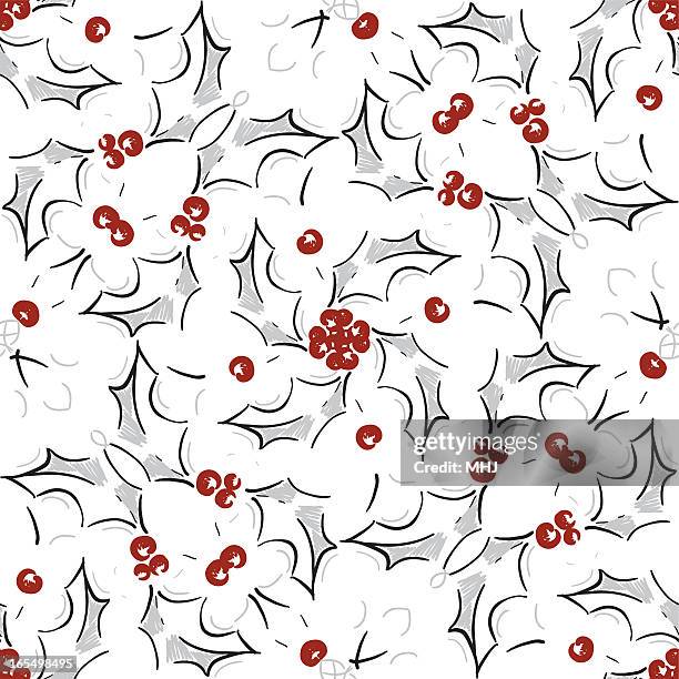 hand drawn holly seamless pattern - red scribble background stock illustrations