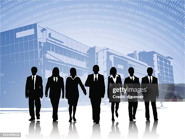 stockillustraties, clipart, cartoons en iconen met silhouettes of business team on a blue city background - alleen volwassenen