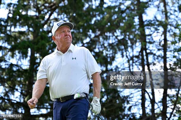 Billy Mayfair looks on after hitting his first shot on the ninth hole during the second round of the Ascension Charity Classic at Norwood Hills...