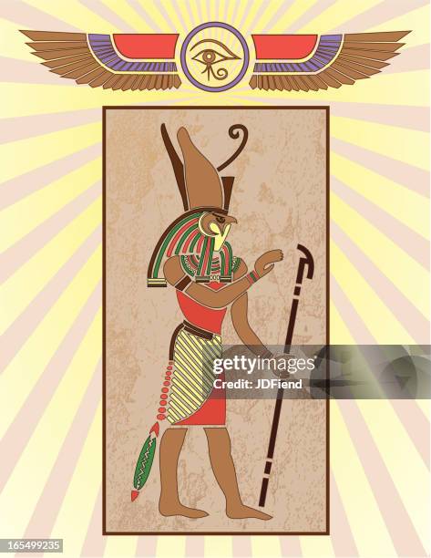 egyptian hieroglyph panel: horus - egyptian god stock illustrations