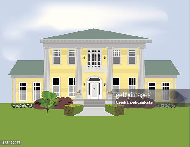 stockillustraties, clipart, cartoons en iconen met graphic of a large stately home with a large garden - landhuis