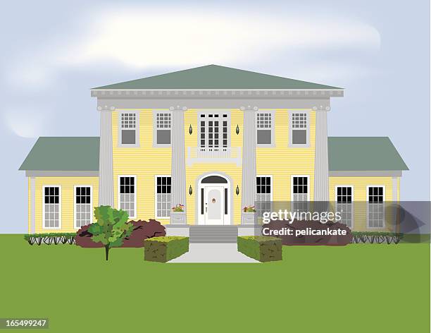 graphic of a large stately home with a large garden - mansion stock illustrations
