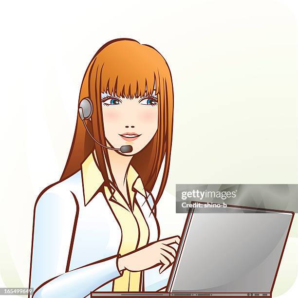 using computer while answering through headset - switchboard operator stock illustrations