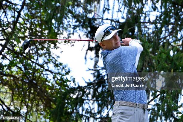 Kevin Sutherland hits his first shot on the ninth hole during the second round of the Ascension Charity Classic at Norwood Hills Country Club on...