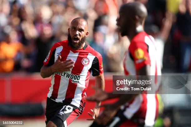 Bryan Mbeumo of Brentford celebrates after scoring the team's second goal during the Premier League match between Brentford FC and AFC Bournemouth at...