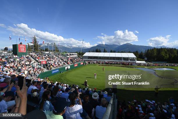 Matt Fitzpatrick of England celebrates his putt on the 18th hole during Day Three of the Omega European Masters at Crans-sur-Sierre Golf Club on...