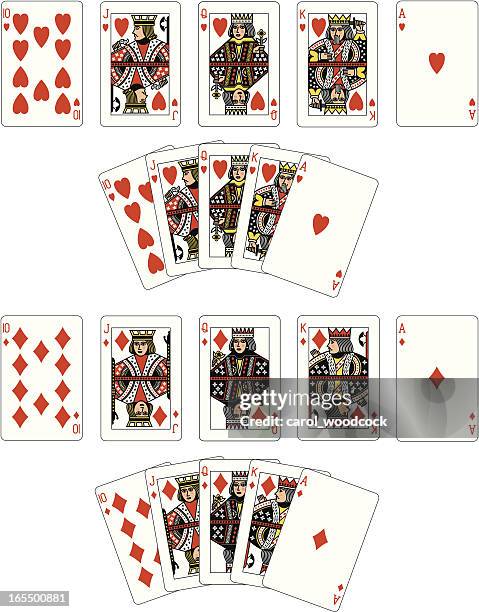 heart and diamond suit royal flush playing cards - hand of cards stock illustrations