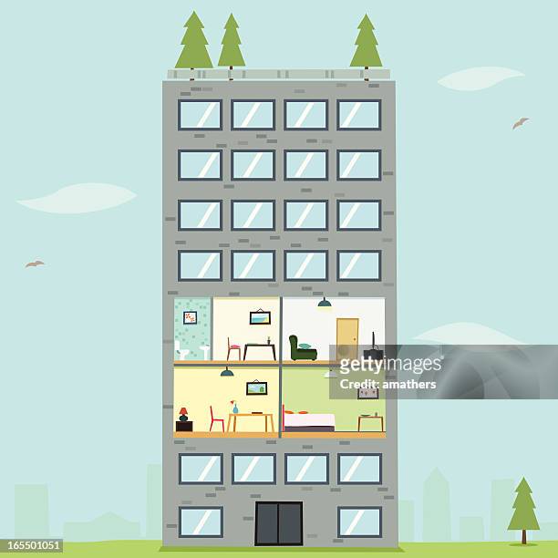 an illustration of an apartment with a pine tree - indoors stock illustrations