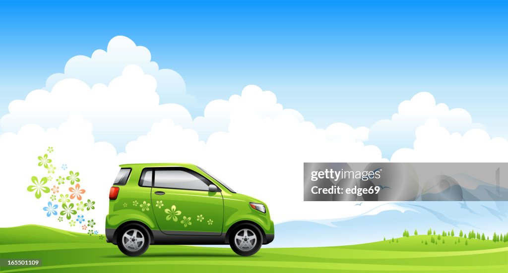 Illustrated energy saving car on spring road