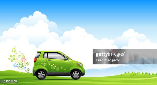 illustrated energy saving car on spring road - compact car stock illustrations