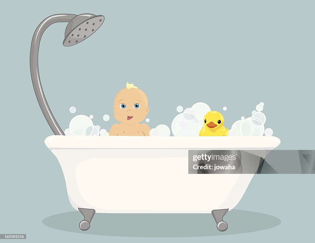 Illustration of baby's first bath