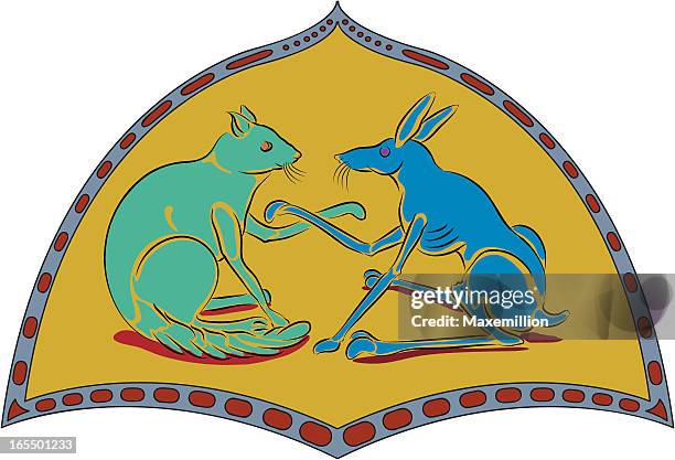 cat and hare in a stained-glass frame. - jackrabbit stock illustrations