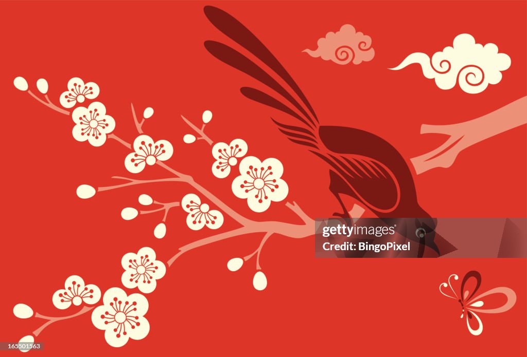 Cherry Blossom, Bird & Butterfly