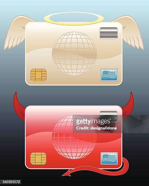 ilustraciones, imágenes clip art, dibujos animados e iconos de stock de las tarjetas de crédito bueno y malo los tipos de interés - debit cards credit cards accepted