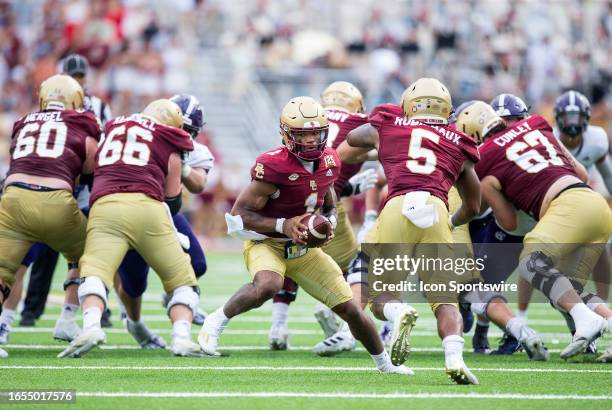 Boston College Eagles quarterback Thomas Castellanos in action during the college football game between Holy Cross Crusaders and Boston College...