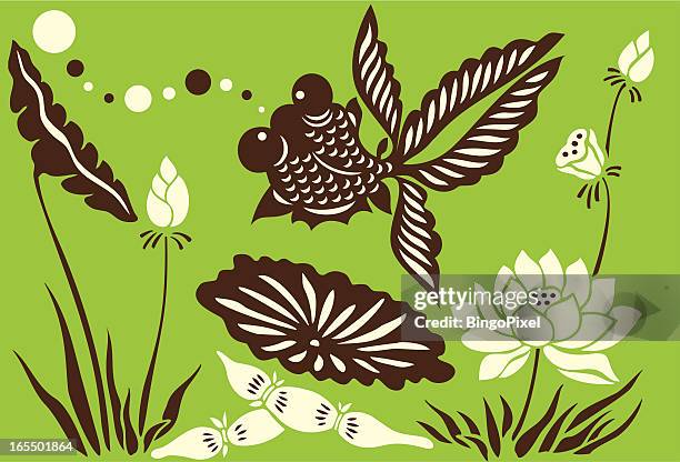 goldfisch, blasen & lotus blumen - lotuswurzel stock-grafiken, -clipart, -cartoons und -symbole