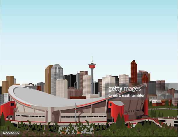 saddledome and downtown calgary - downtown calgary stock illustrations