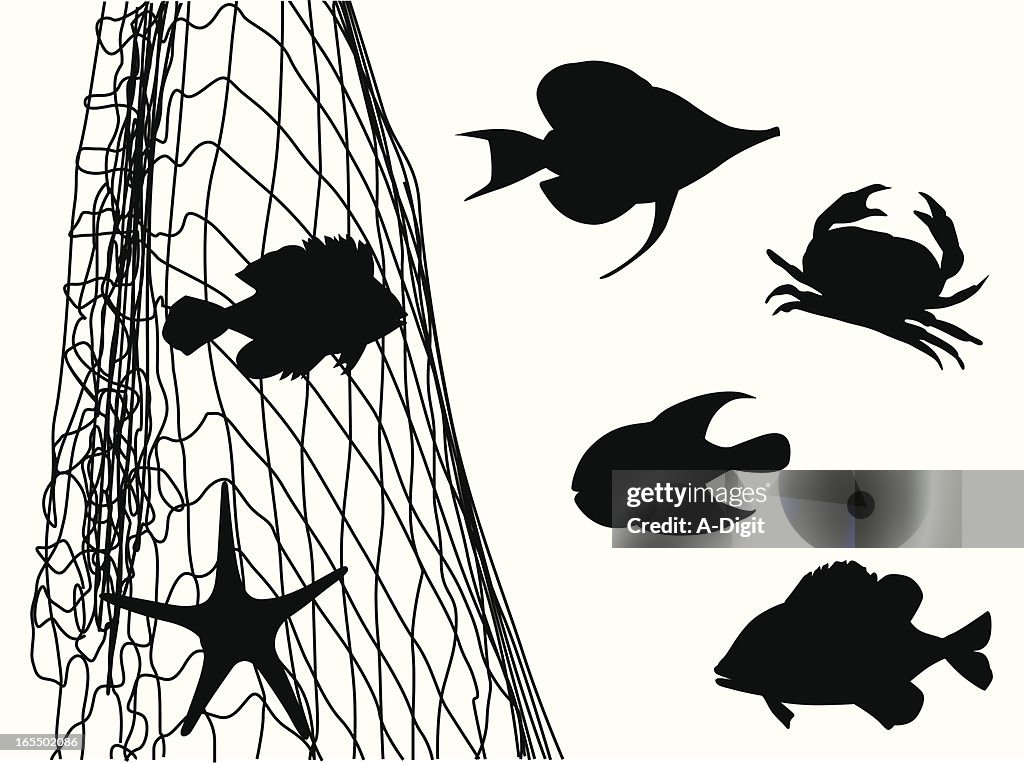 Fish Net'n Critters Vector Silhouette