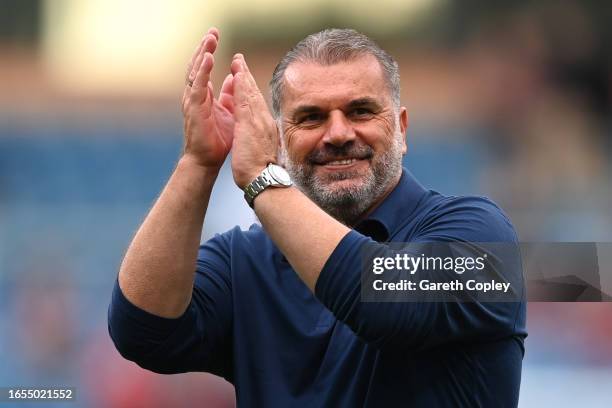 Ange Postecoglou, Manager of Tottenham Hotspur, applauds the fans after the Premier League match between Burnley FC and Tottenham Hotspur at Turf...