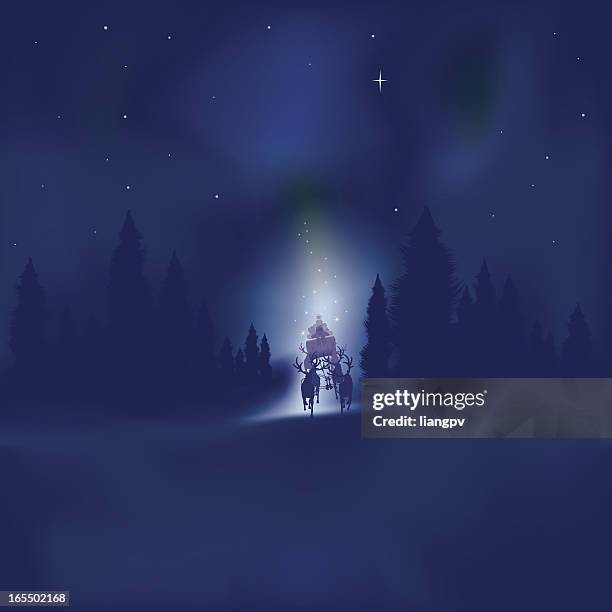 santa claus with aurora borealis in sky - aurora borealis 幅插畫檔、美工圖案、卡通及圖標