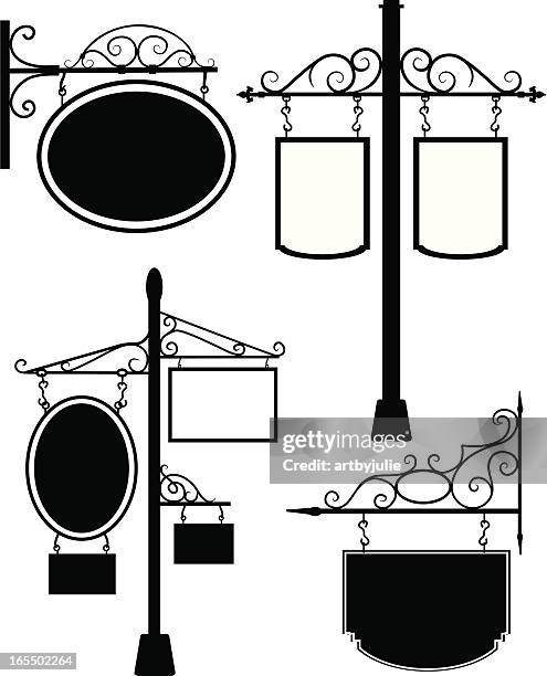 old-fashioned wood and iron signs - wrought iron stock illustrations