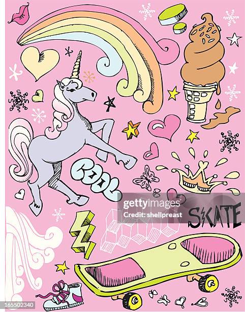 illustrazioni stock, clip art, cartoni animati e icone di tendenza di cool 80 e schizzi - skateboard