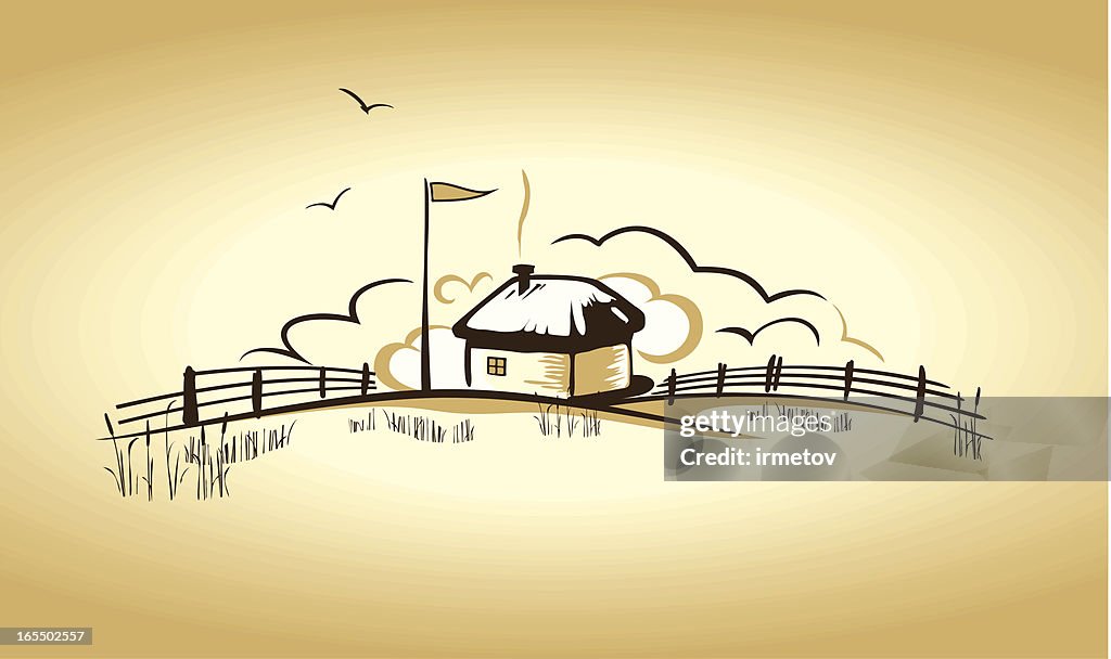Illustration of a country house on the horizon