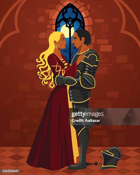 ilustraciones, imágenes clip art, dibujos animados e iconos de stock de de historieta princesa y caballero abrazar en castillo - techo abovedado