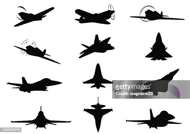 ilustraciones, imágenes clip art, dibujos animados e iconos de stock de doce aviones siluetas - fighter plane