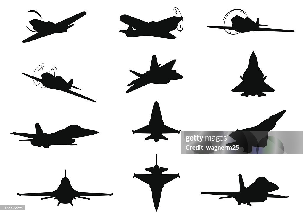 Doze aviões silhuetas