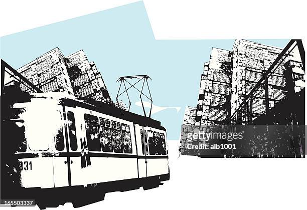 urban scene and tram - railway station stock illustrations