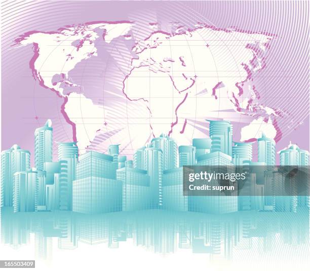 abstract downtown background with globe - city window reflection stock illustrations