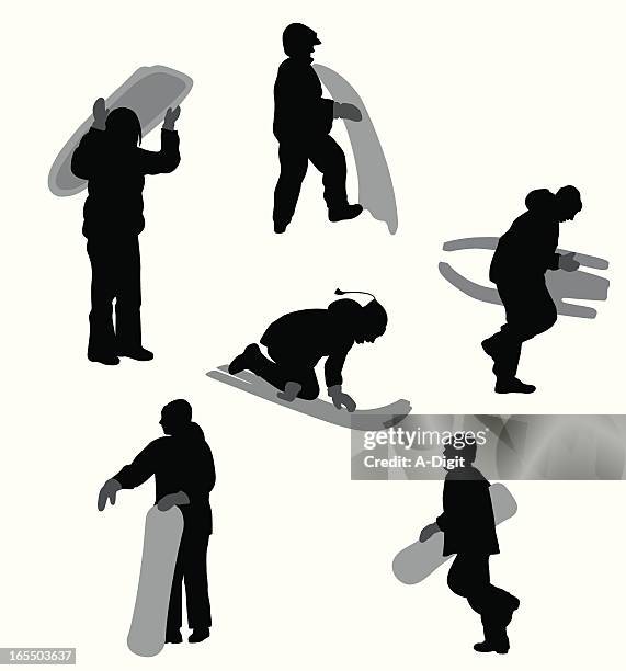 sledding vector silhouette - child sledding stock illustrations