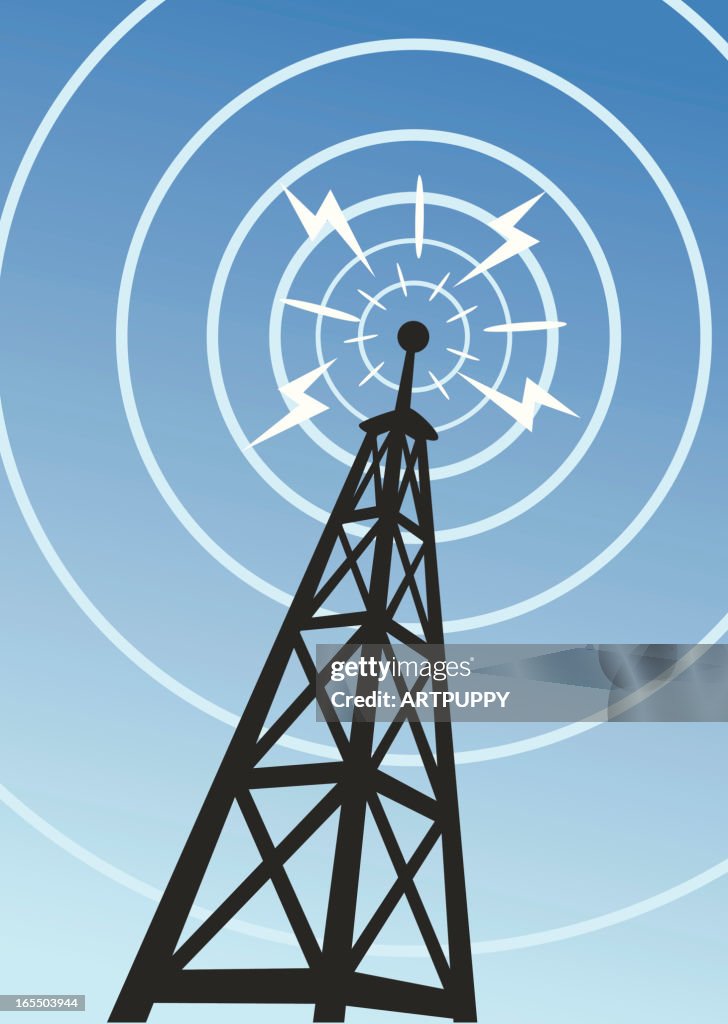 A radio tower with sound waves