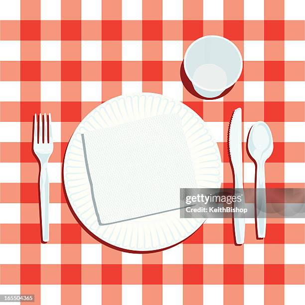 picknick-gedeck mit teller und besteck - pappteller stock-grafiken, -clipart, -cartoons und -symbole