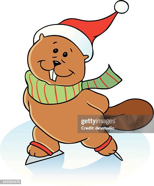 cute ice-skating beaver - ice skating christmas stock illustrations