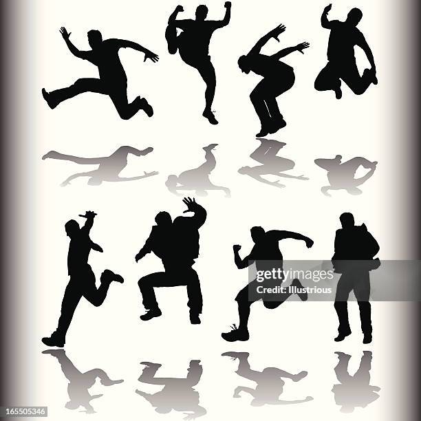 various silhouette of an active youth with reflections - free running stock illustrations