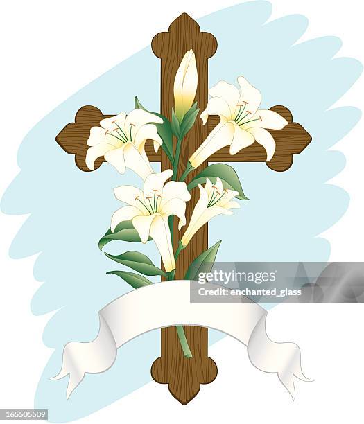 wooden cross w/ easter lillies - easter lilies and cross stock illustrations