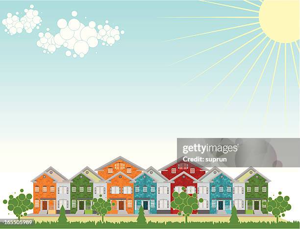 stockillustraties, clipart, cartoons en iconen met row of colorful townhouses. outdoow setting - stadswoning