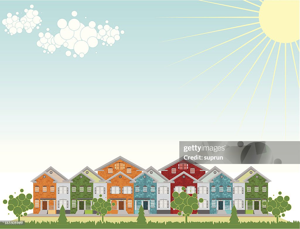 Row of Colorful Townhouses. Outdoow Setting