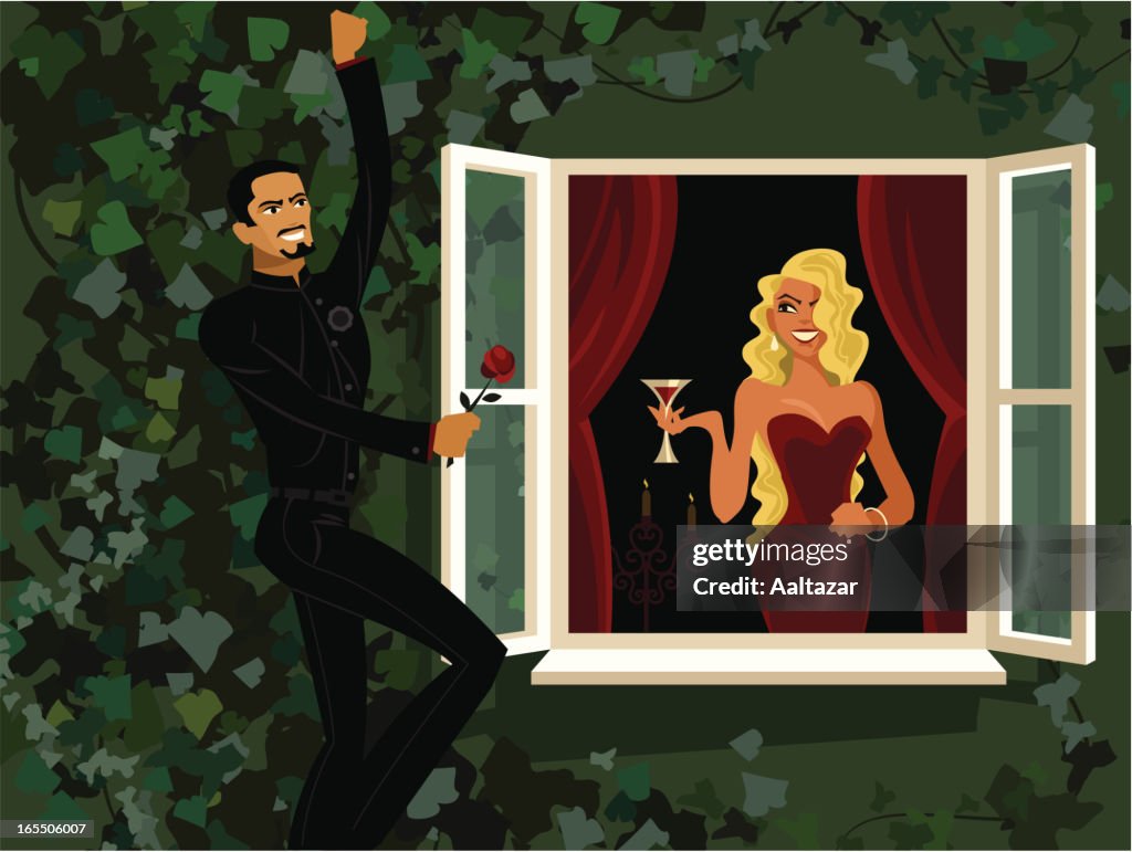 Cartoon Man Holding Rose Outside Woman's Window
