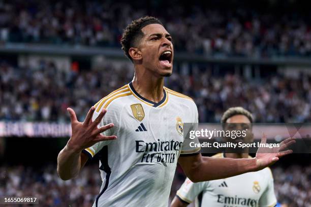 Jude Bellingham of Real Madrid CF celebrates after scoring his team's second goal during the LaLiga EA Sports match between Real Madrid CF and Getafe...