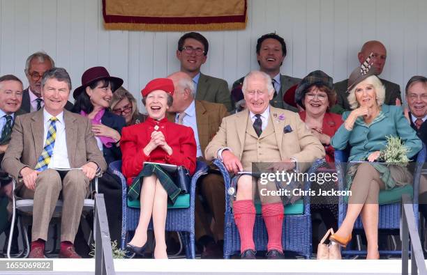 Vice Admiral Sir Timothy Laurence, Anne, Princess Royal, King Charles III and Queen Camilla attend The Braemar Gathering 2023 at The Princess Royal...