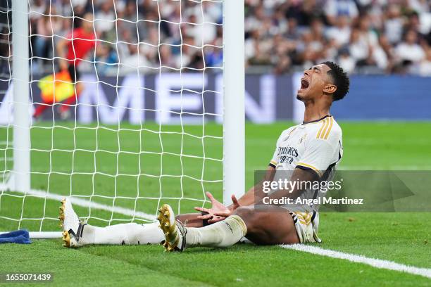 Jude Bellingham of Real Madrid reacts during the LaLiga EA Sports match between Real Madrid CF and Getafe CF at Estadio Santiago Bernabeu on...