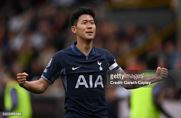 Heung-Min Son of Tottenham Hotspur celebrates after scoring the team's fifth goal and his hat-trick during the Premier League match between Burnley...